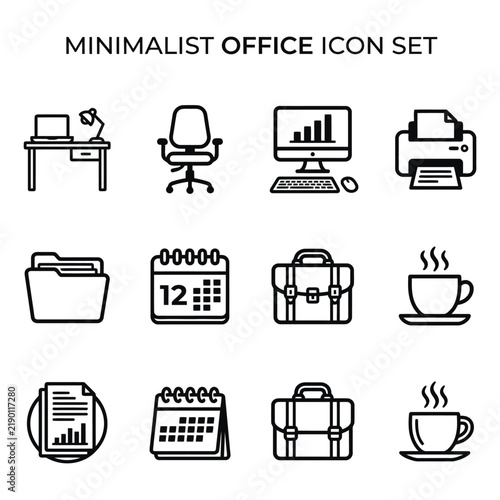 Minimalist Office and Business Vector Icon Set – Black and White Line Art Symbols for Desk, Chair, Computer, Printer, Folder, Calendar, Briefcase, and Coffee Cup
