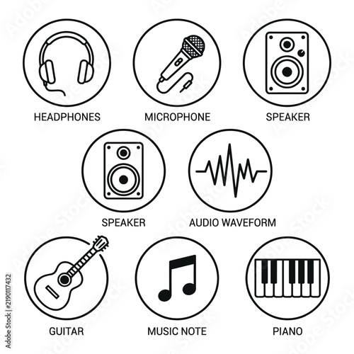 Music and Audio Equipment Vector Icon Set – Black and White Symbols for Headphones, Microphone, Speaker, Guitar, Piano, and Waveform

