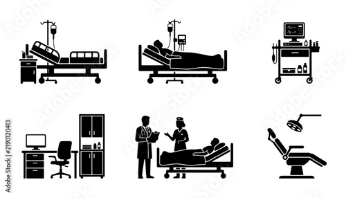 Black hospital and medical icons, doctor, nurse, patient, bed, chair