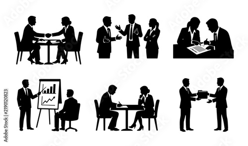 Black and white business meeting silhouettes, handshake, presentation