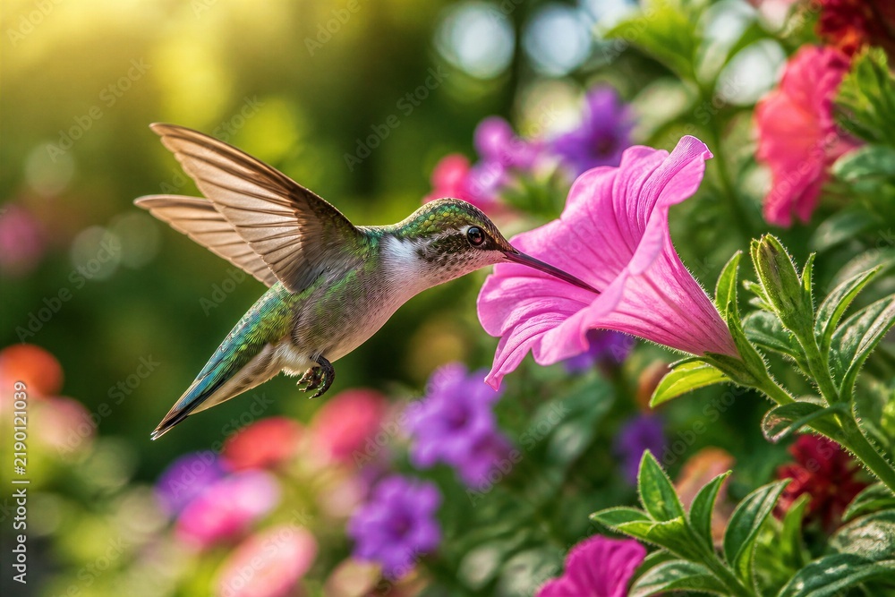 Fototapeta premium Hummingbird feeding on pink flower in colorful garden scene
