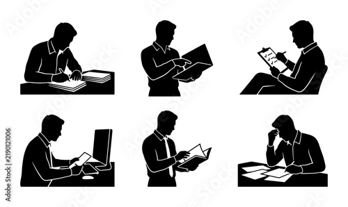 Black silhouettes of businessmen working at desks and with documents