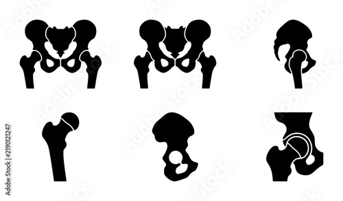 Black hip bone icons, pelvic anatomy graphics, medical science design