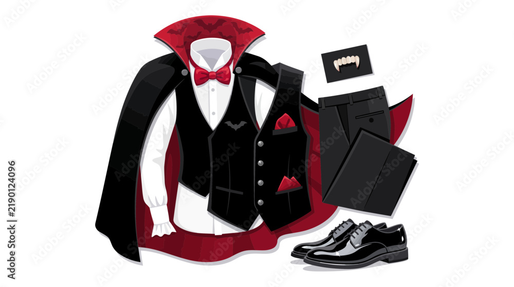 Obraz premium Elegant Vampire Costume Set Featuring Formal Suit Cape and Teeth Accessory for Halloween Parties and Theatrical Performances