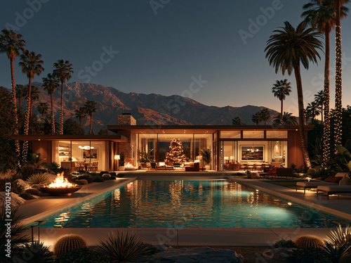 Luxurious modern desert villa with long swimming pool glows softly at twilight, surrounded tall palm trees and distant rocky mountains.