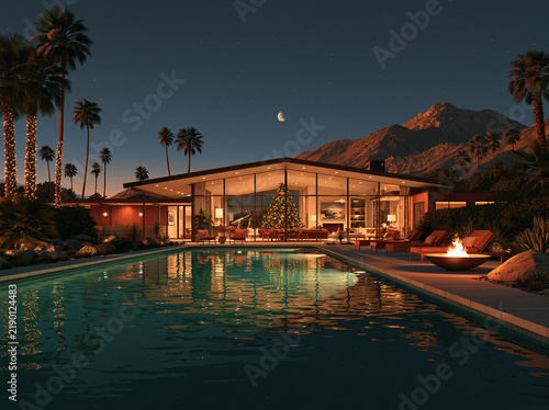 Luxurious modern desert villa with long swimming pool glows softly at twilight, surrounded tall palm trees and distant rocky mountains.