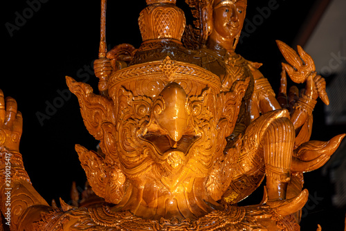 Buddhist Lent tradition, a beautiful display of wisdom, beeswax candles create art as a Buddhist offering.Background with Thai pattern carved on the surface of Lent candle.Ubon Ratchathani.Festival