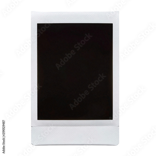Blank instant film photo frame with dark square in the middle on white background