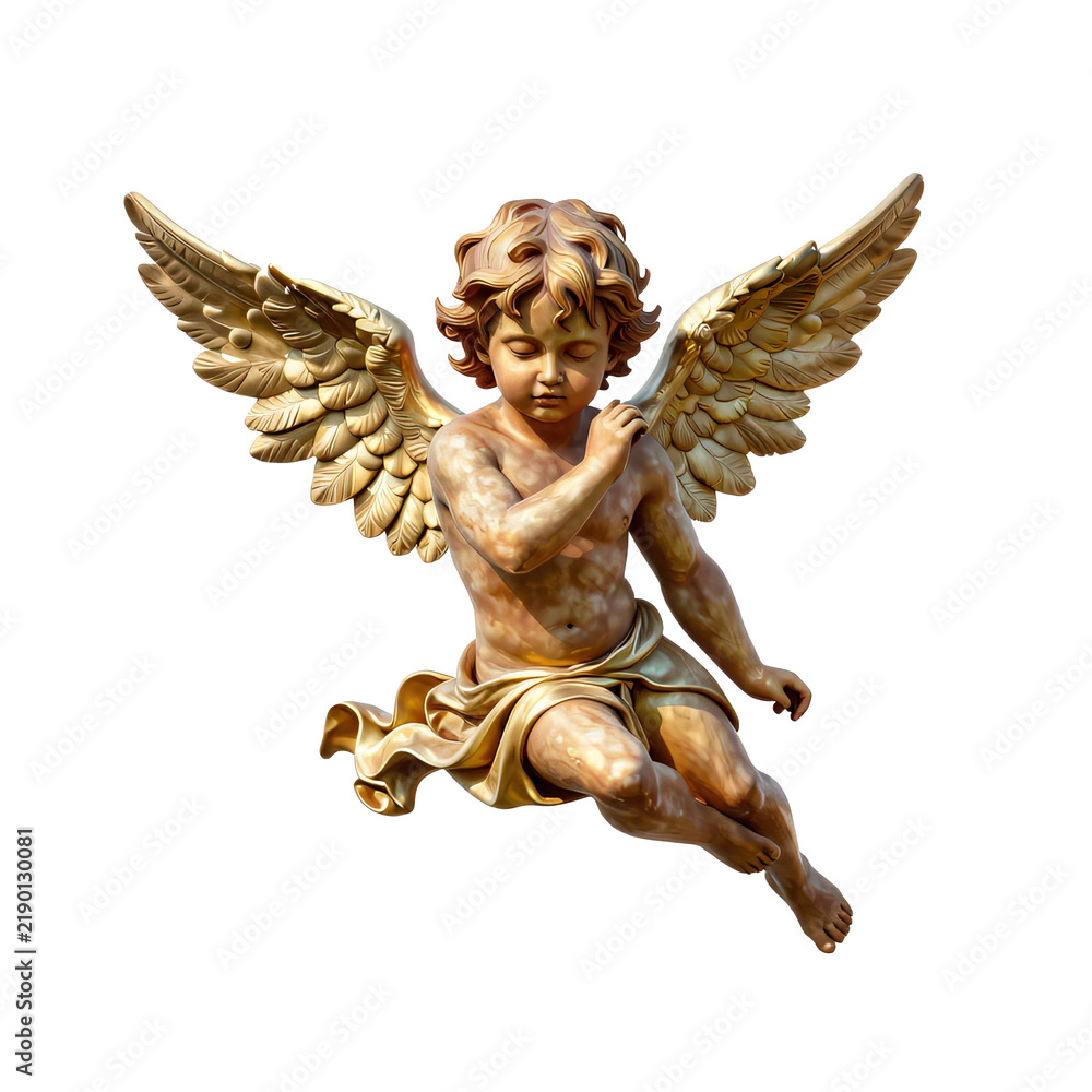 Fototapeta premium golden cherub statue with large feathered wings on a white background