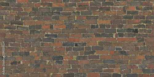 Bild auf Leinwand Aged Red Brick Wall Texture with Distressed Dark Blocks and Moss Accents