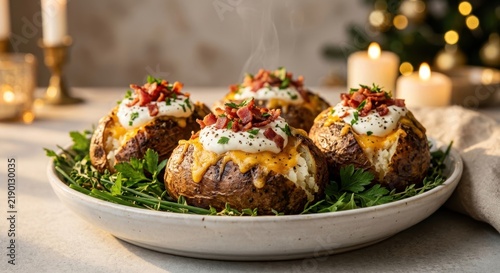 Steaming loaded baked potatoes with melted cheddar, sour cream, bacon bits, and fresh herbs on a festive plate.