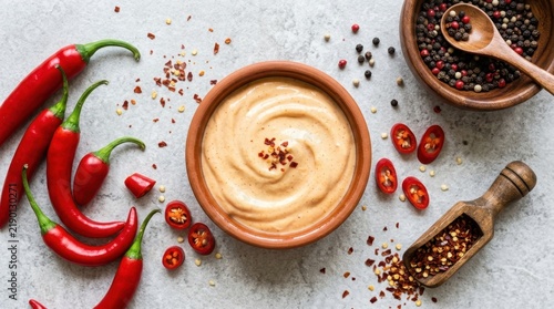 Top view of creamy spicy chili sauce in a rustic bowl surrounded by fresh red peppers, dried chili flakes, and peppercorns on a stone surface, perfect for food and culinary marketing.