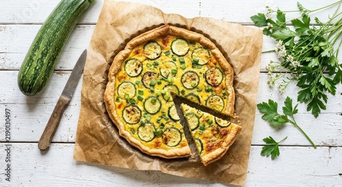 Top view of homemade zucchini quiche with fresh herbs on white wood. Savory vegetable tart with golden crust and one slice removed, featuring sliced zucchini, green onions, and parsley.