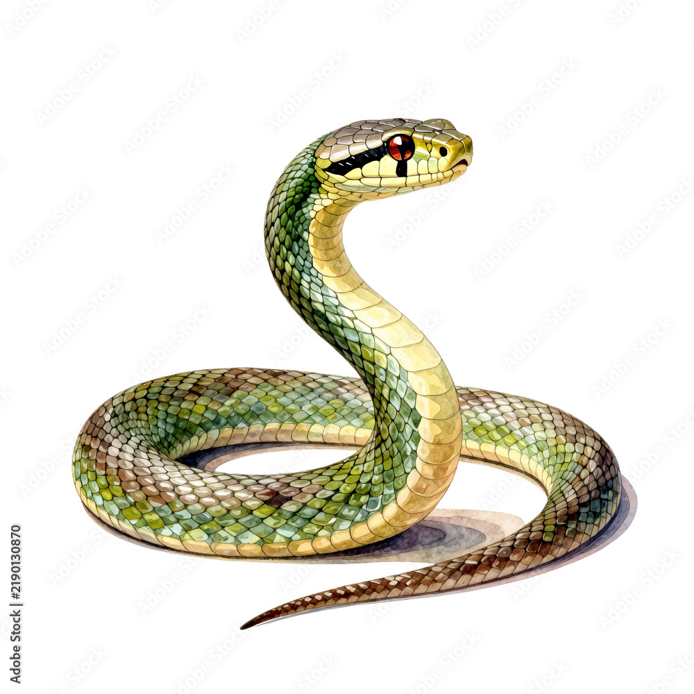 Fototapeta premium Close up watercolor illustration of a green and yellow snake coiled on a white background