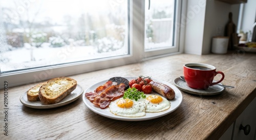 Traditional full English breakfast with fried eggs, bacon, sausage, and coffee on a wooden table by a window overlooking a snowy winter landscape view.