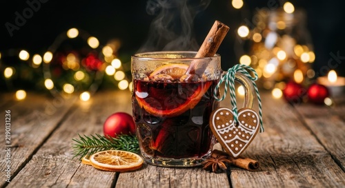 Warm mulled wine with cinnamon, orange slices, and gingerbread heart on rustic wood with festive Christmas bokeh lights.