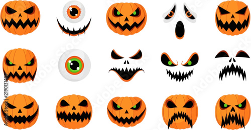 Collection of spooky Halloween jack-o-lantern faces, scary eyeballs, and creepy monster expressions for festive holiday decorations and graphic designs