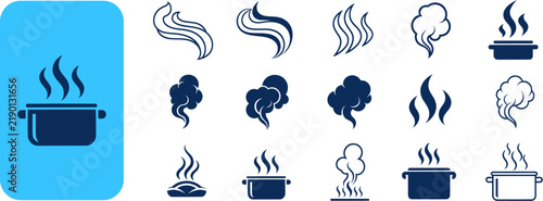 Cooking Steam and Hot Food Smoke Icons Set with Boiling Saucepan Vector Elements
