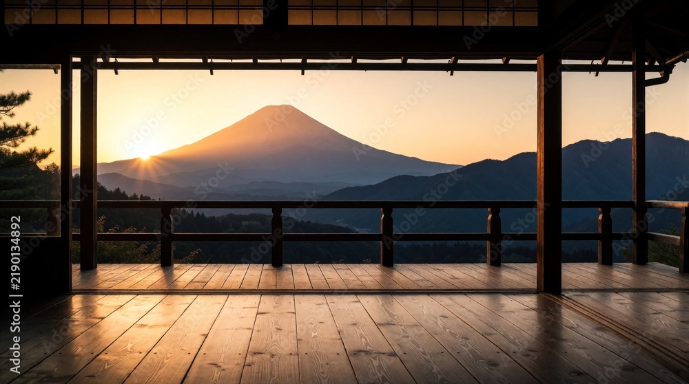 Fototapeta premium Wooden veranda offers peaceful sunrise view over Mount Fuji with sun rays emerging from behind mountain peak. Gentle mist covers distant hills in early morning calm atmosphere. Traditional Japanese