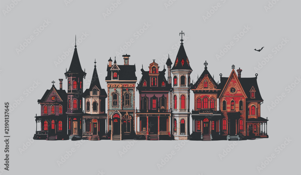 Fototapeta premium Detailed Victorian Gothic haunted house streetline vector illustration with red glowing windows.