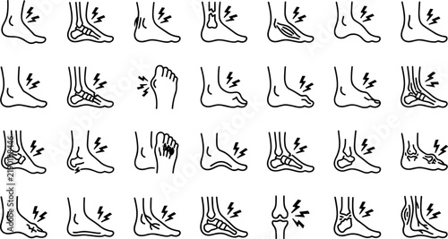 Collection of foot, ankle, and joint pain outline vector icons with injury symbols for medical design