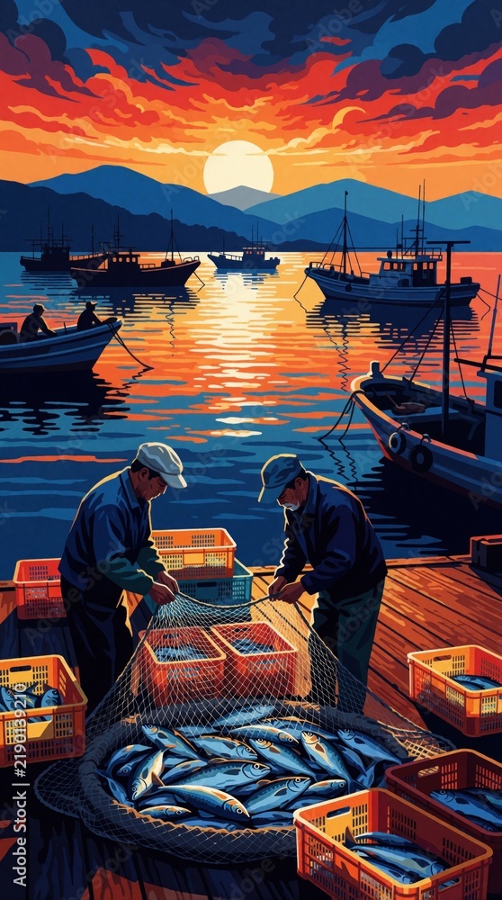 Fototapeta premium Fishermen unload fresh fish catch from nets into crates at harbor docks. Boats float on water reflecting vibrant sunset sky. Men work together on wooden pier by the sea.