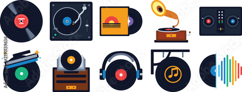 Pack of 12 Retro and Modern Music Player Icons, Flat Vector Set isolated on transparent background