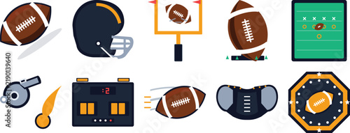 Pack of 10 American Football Icons, Flat Vector Designs isolated on transparent background