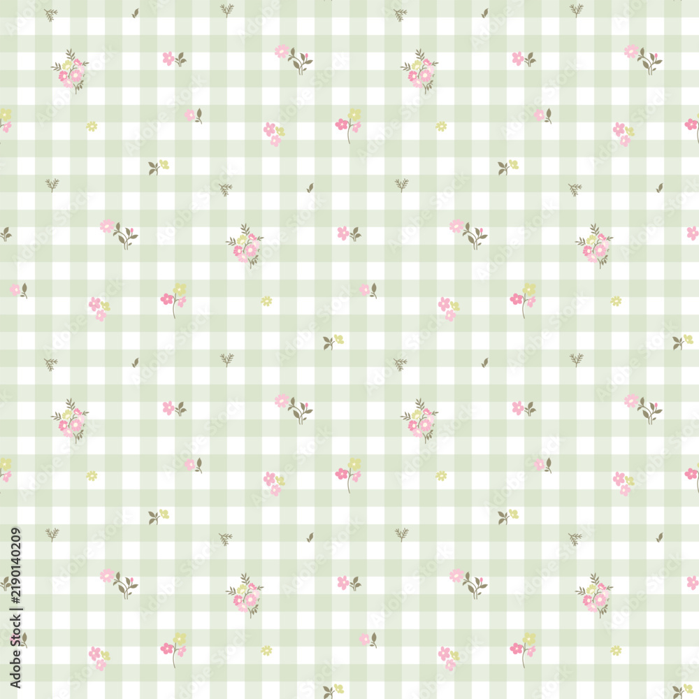 Obraz premium Seamless floral pattern, ditsy flower pattern, fabric print in cottage style on gingham, timeless floral, small ditsy flower. Surface design for home textile, wallpaper pattern, fabric, fashion. 