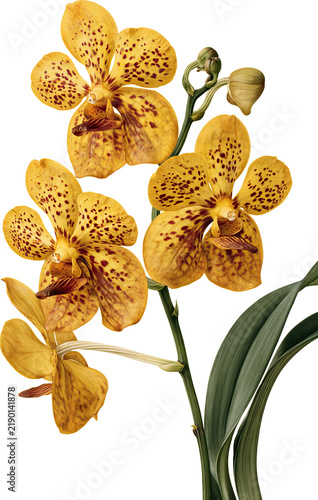 Bold yellow orchid blooming beside green leaves
