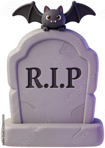 Cute 3D rendering illustration of a grave tombstone with RIP text and a black bat on top isolated on white background