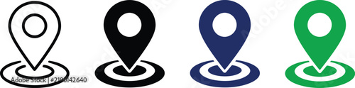 Location pin icon set, GPS map marker and target position symbol in outline and solid flat style for app and web design