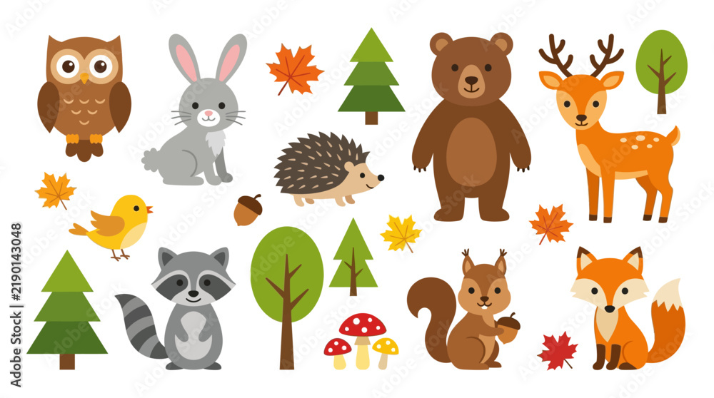 Fototapeta premium Cute Woodland Animals Vector Illustration Set