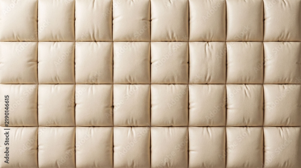 Naklejka premium Close-up of soft beige padded leather upholstery with a rectangular quilted pattern, ideal for luxury interior design and abstract backgrounds. 
