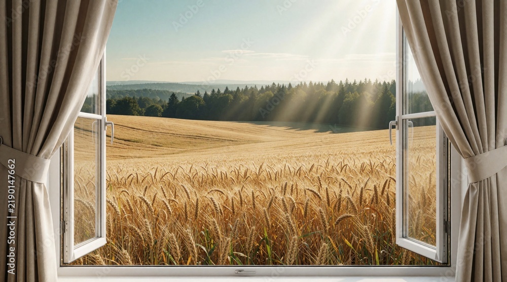 Obraz premium Open window view of golden wheat field in summer. Sunlight rays shine through trees, forest. Beige curtains frame scenic rural landscape with warm morning light. Peaceful countryside nature scene