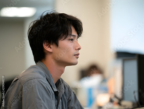 Naklejka オフィスで画面を見つめる若い日本人男性の横顔