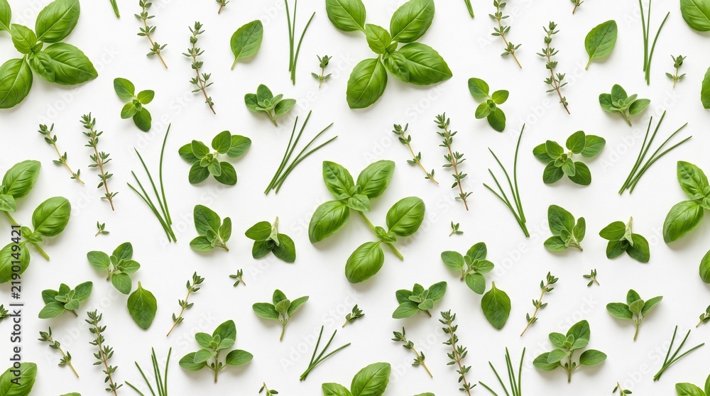 Obraz premium Seamless pattern of fresh aromatic culinary herbs on a white background