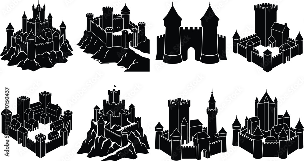 Obraz premium Set of medieval castle silhouettes featuring historical fortresses, defensive stone citadels, and ancient royal palace building designs