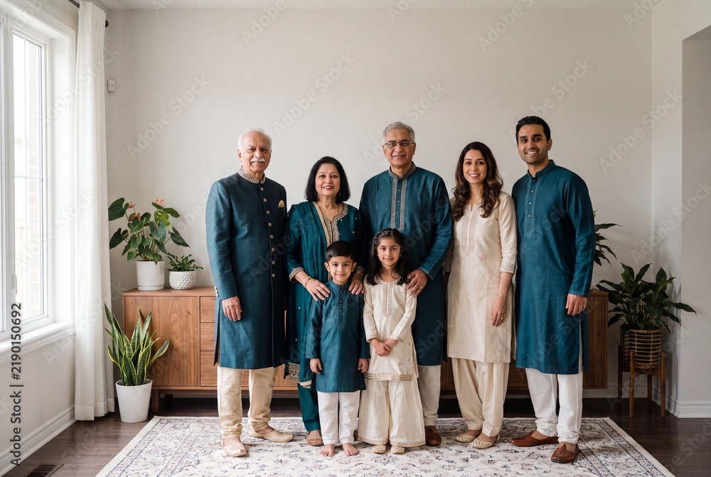 Fototapeta premium Multi Generational Family Portrait in Coordinated Traditional Eid Clothing