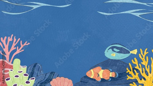 Fotografía Deep blue sea underwater background presentation with blue tang and clownfish
