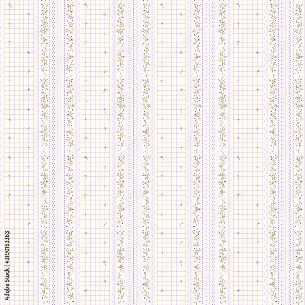 Obraz premium Seamless floral pattern. Stripe flower pattern background. Gingham repeat pattern. Retro surface design. Ditsy floral print for fashion, fabric, wrapping, fashion, texture, wallpaper, decor. vector 