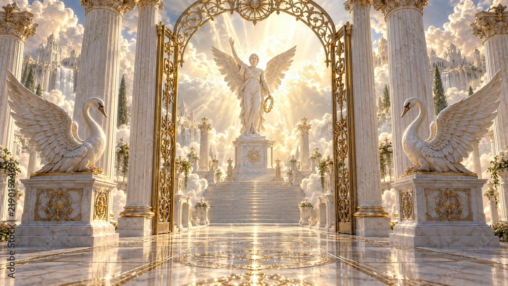 Fototapeta premium Golden heavenly gates with angel statue and marble swans