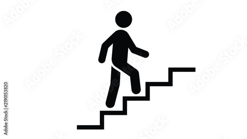 Minimalist black vector graphic showing stick figure character walking up stairs representing progress and career success