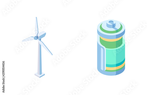 Isometric Wind Turbine and Battery Icons Representing Renewable Energy and Sustainable Power Storage