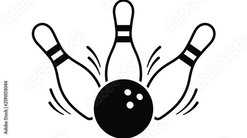 Bowling pins struck by a black ball in this stylized minimalist vector graphic design illustration art