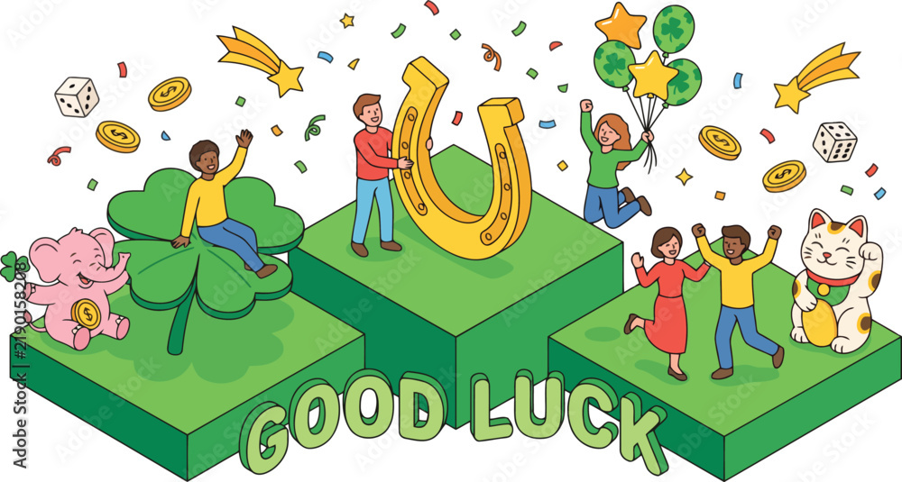 Fototapeta premium Good Luck Concept Illustration with People and Lucky Charms on Isometric Platforms