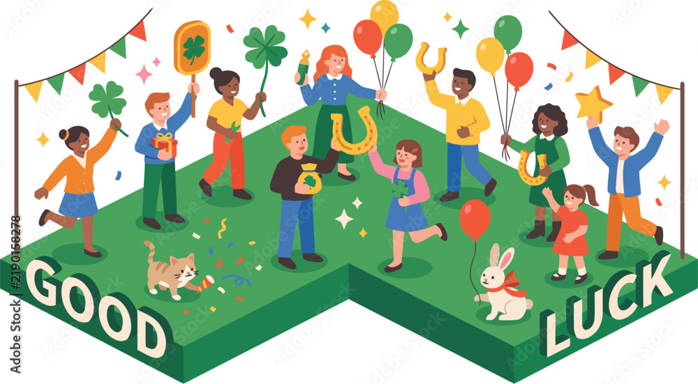 Fototapeta premium Diverse group of happy people celebrating good luck with symbols and festive decorations.