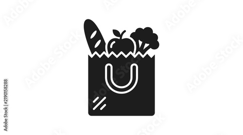 Black vector graphic illustration depicting a simple paper shopping bag filled with fresh healthy groceries