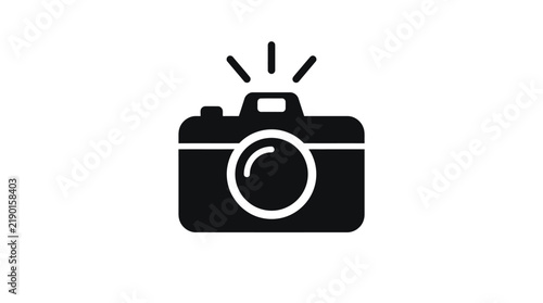 Minimalist digital camera icon vector graphic featuring bold black lines isolated on a clean white background