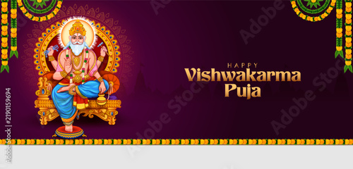 Happy Vishwakarma Puja Greeting Banner with Lord Vishwakarma and Decorative Festival Elements